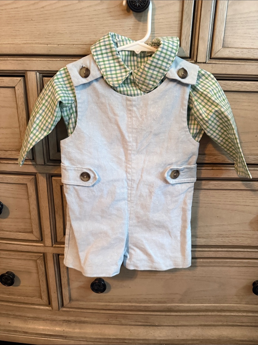 The Beaufort Bonnet Company Light Blue Corduroy Romper with Green Check Shirt